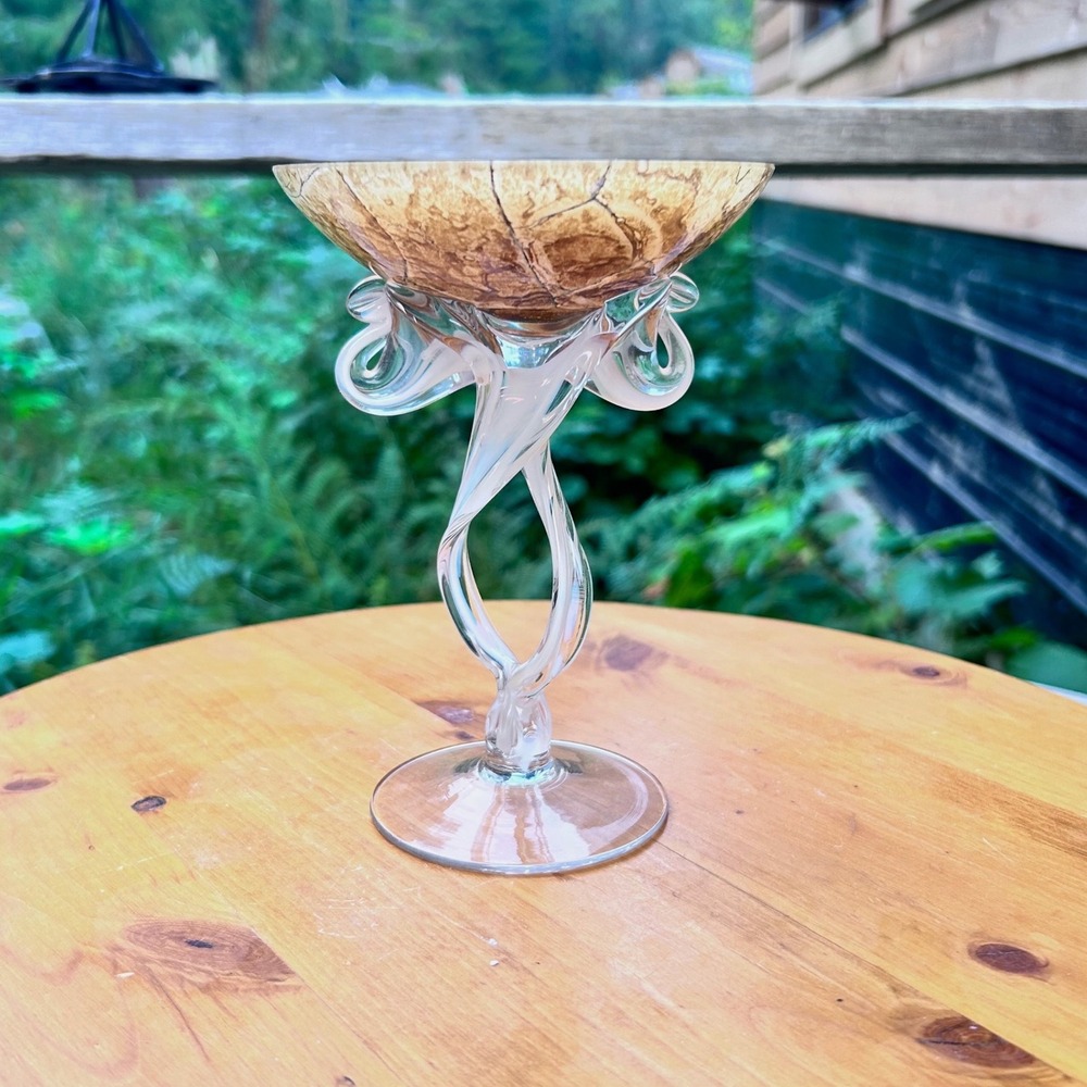 Vintage Jellyfish Pedestal Bowl Small Marbled Beige Art Glass Jozefina Krosno